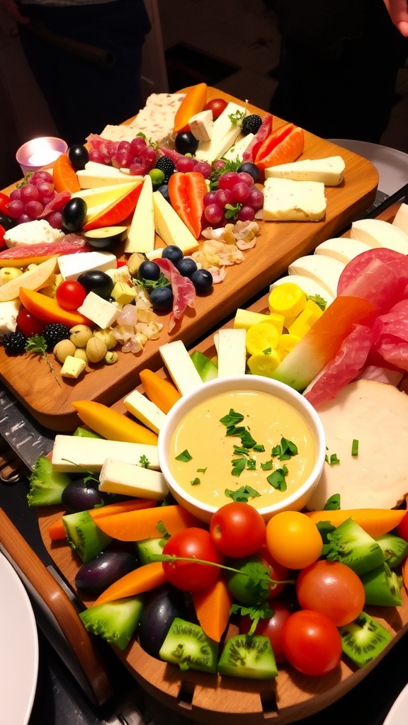 An elegant appetizer spread showcasing a cheese board with meats and fruits, and a colorful vegetable platter with hummus.